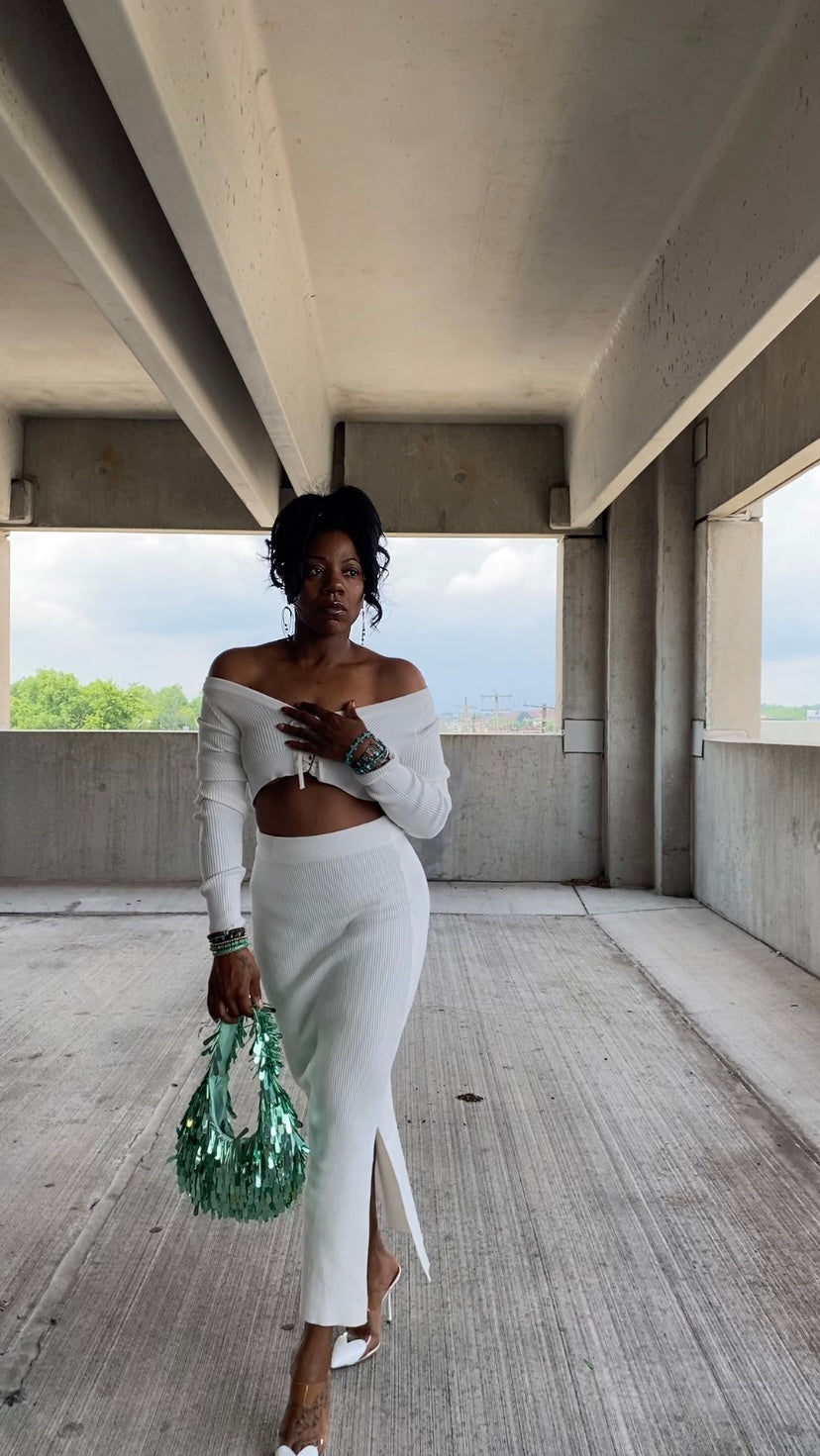 Off Shoulder Side Split Top & Skirt Set