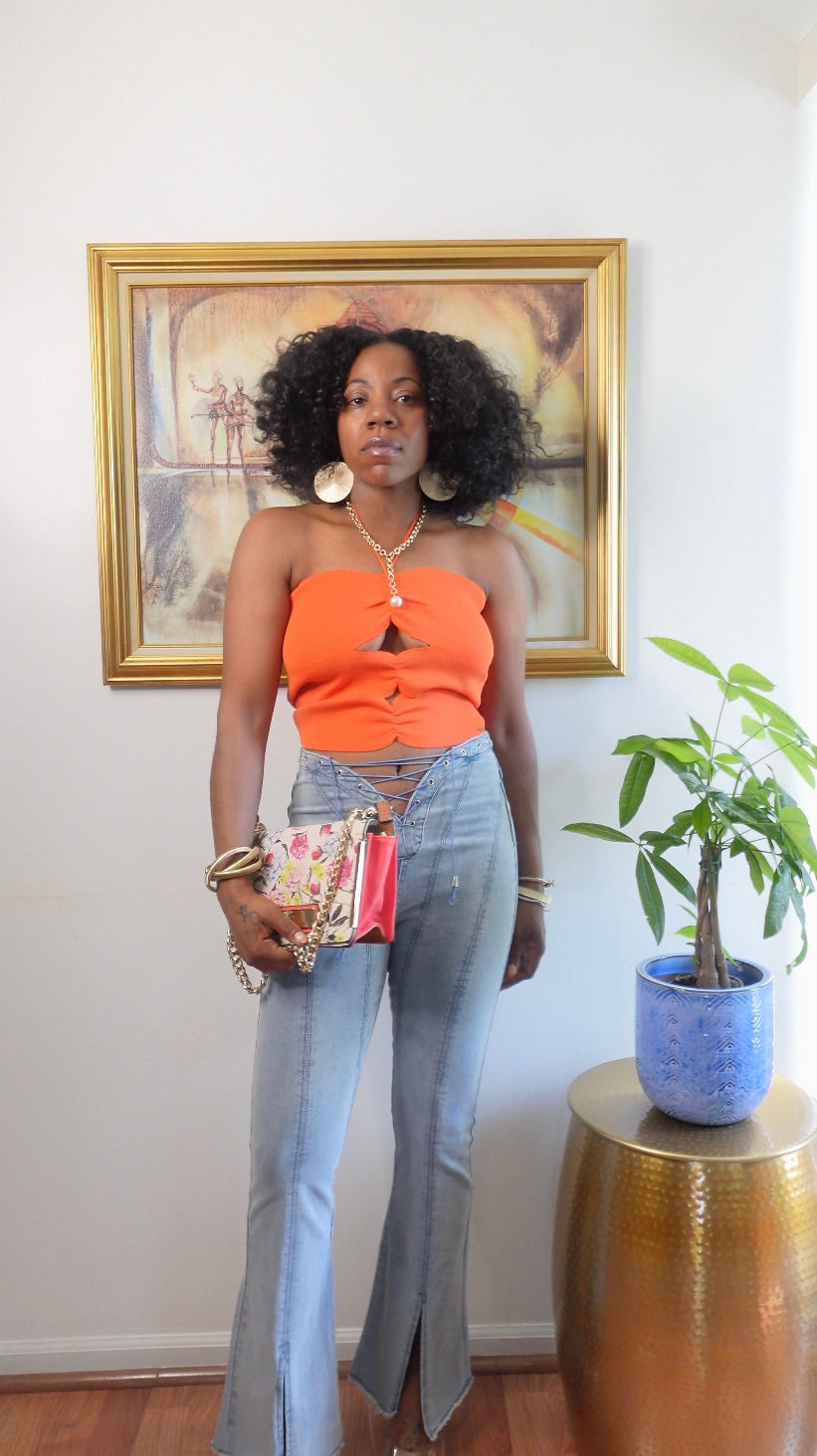 String Cross Hollow Out Denim Flared Pants
