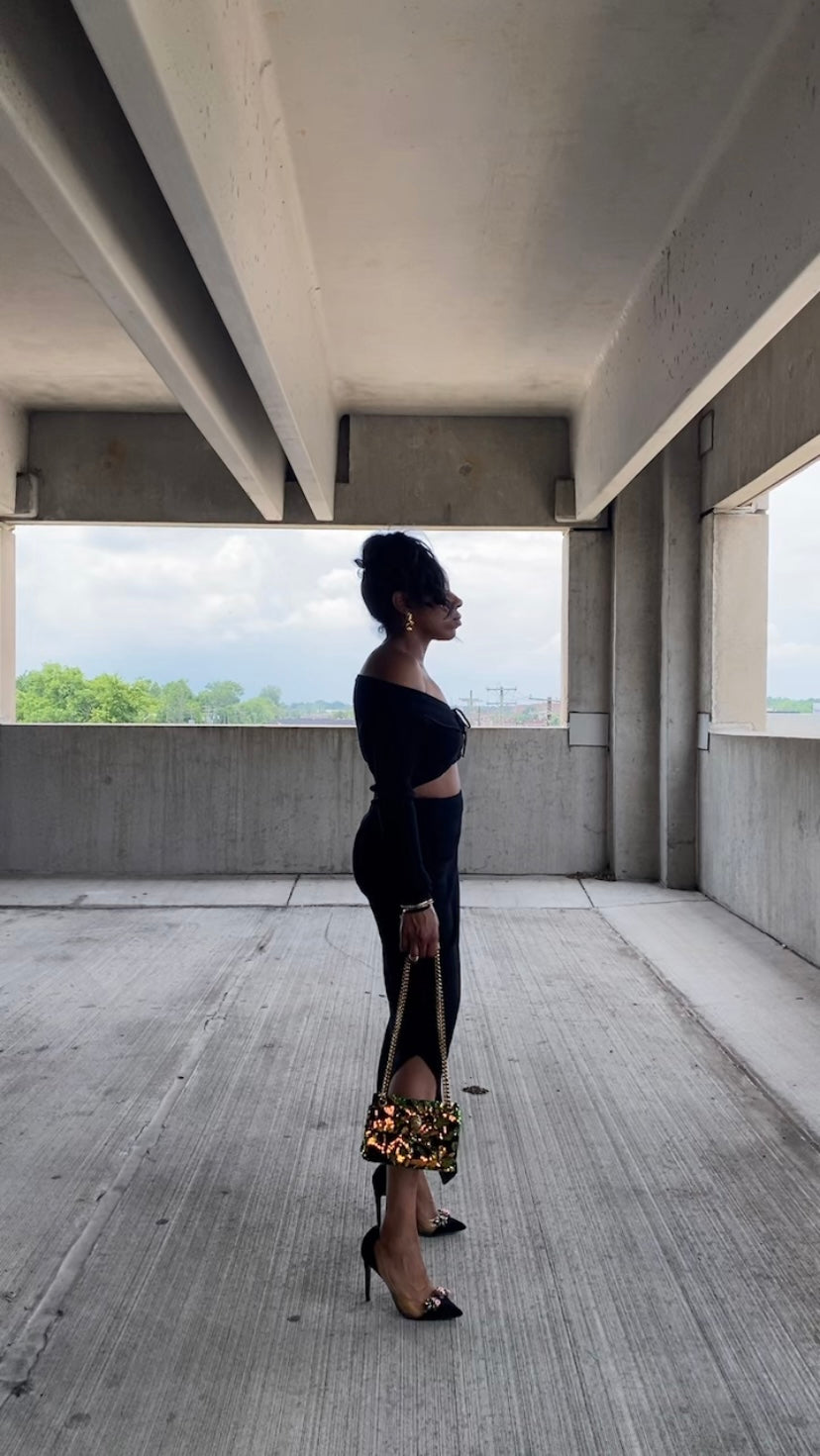 Off Shoulder Side Split Top & Skirt Set