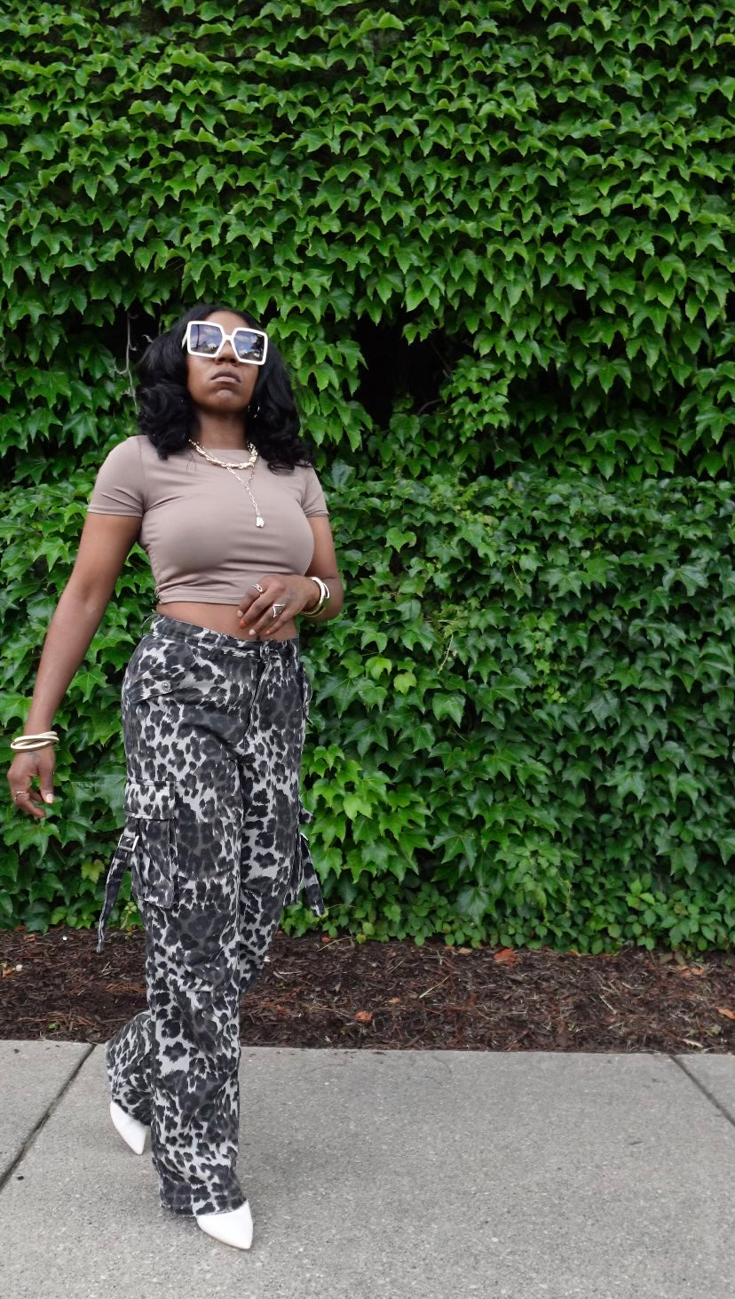 Leopard Stitch-Pocket High-Waist Pants
