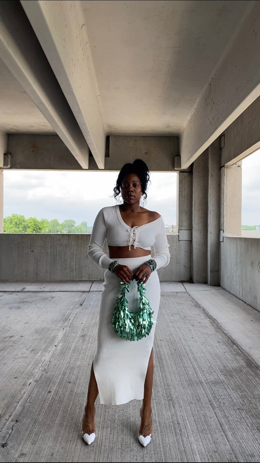 Off Shoulder Side Split Top & Skirt Set