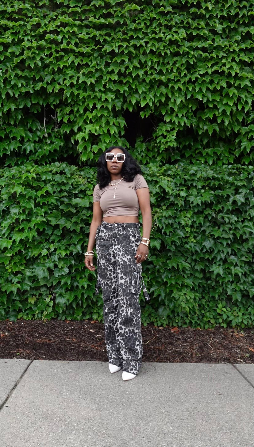 Leopard Stitch-Pocket High-Waist Pants