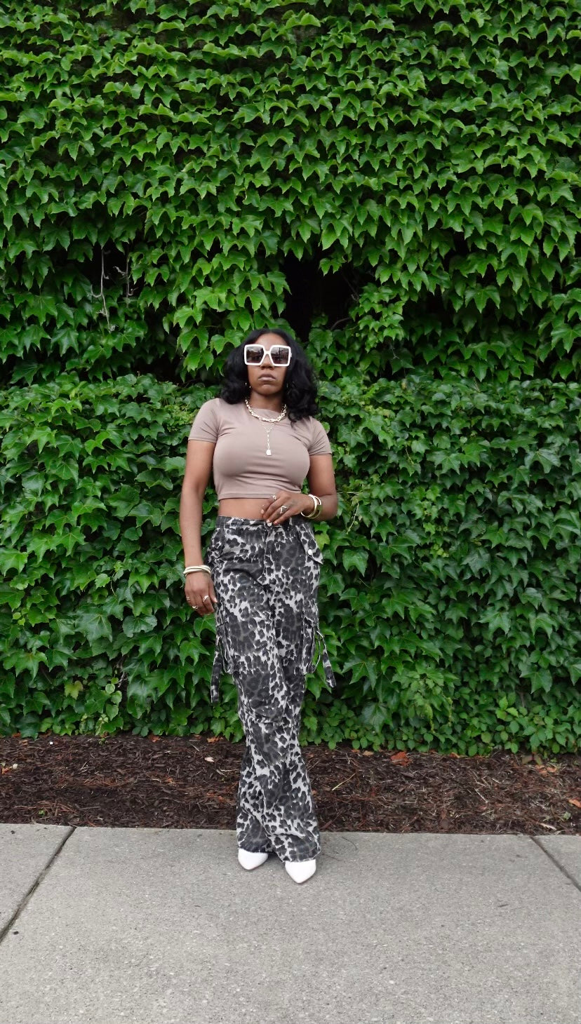 Leopard Stitch-Pocket High-Waist Pants